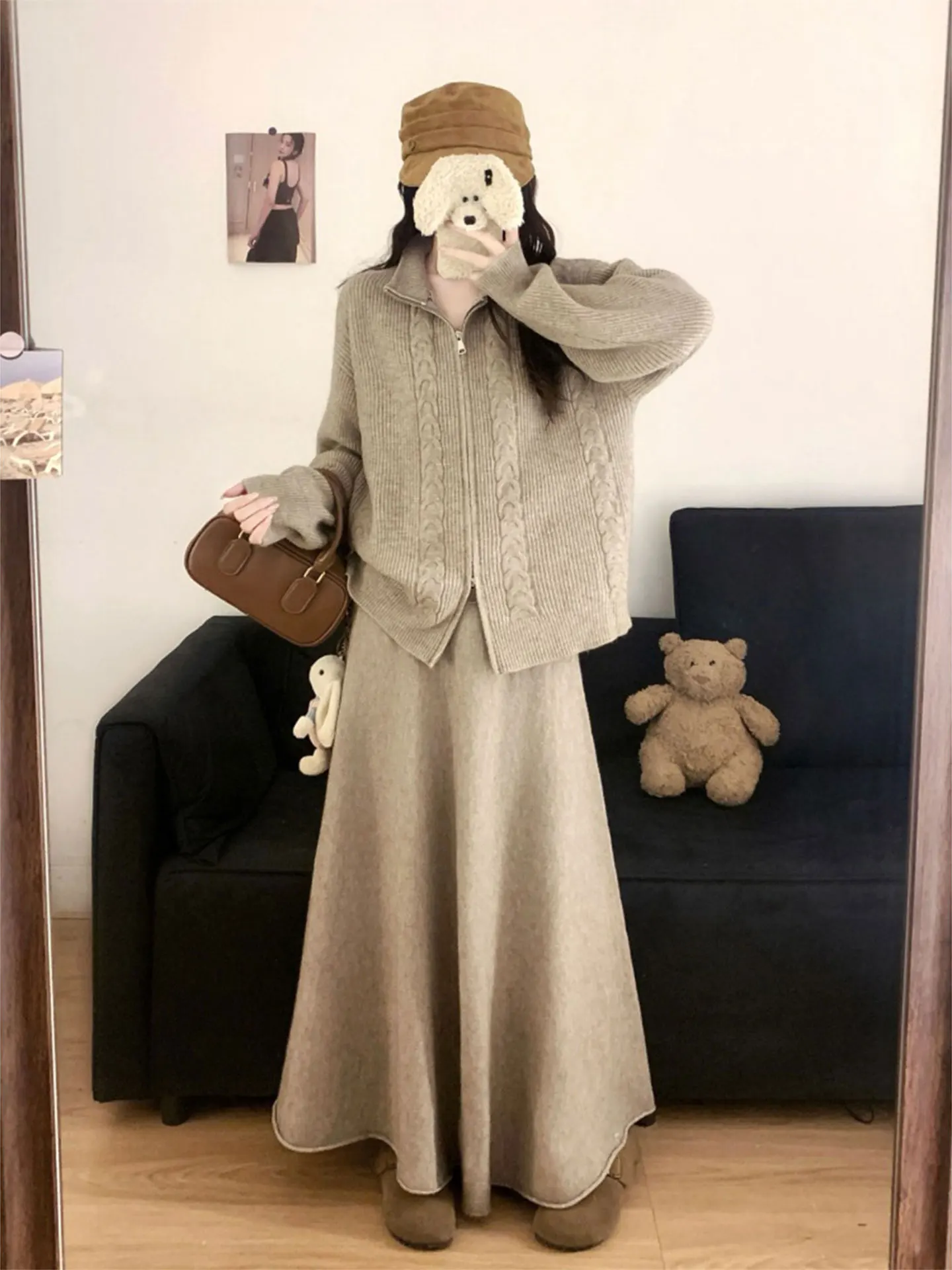 

Large Size Autumn Winter Oaeal Color Sweater Coat Set Lazy Sle Women's Faion Casual Wear High Waist Long Skirt