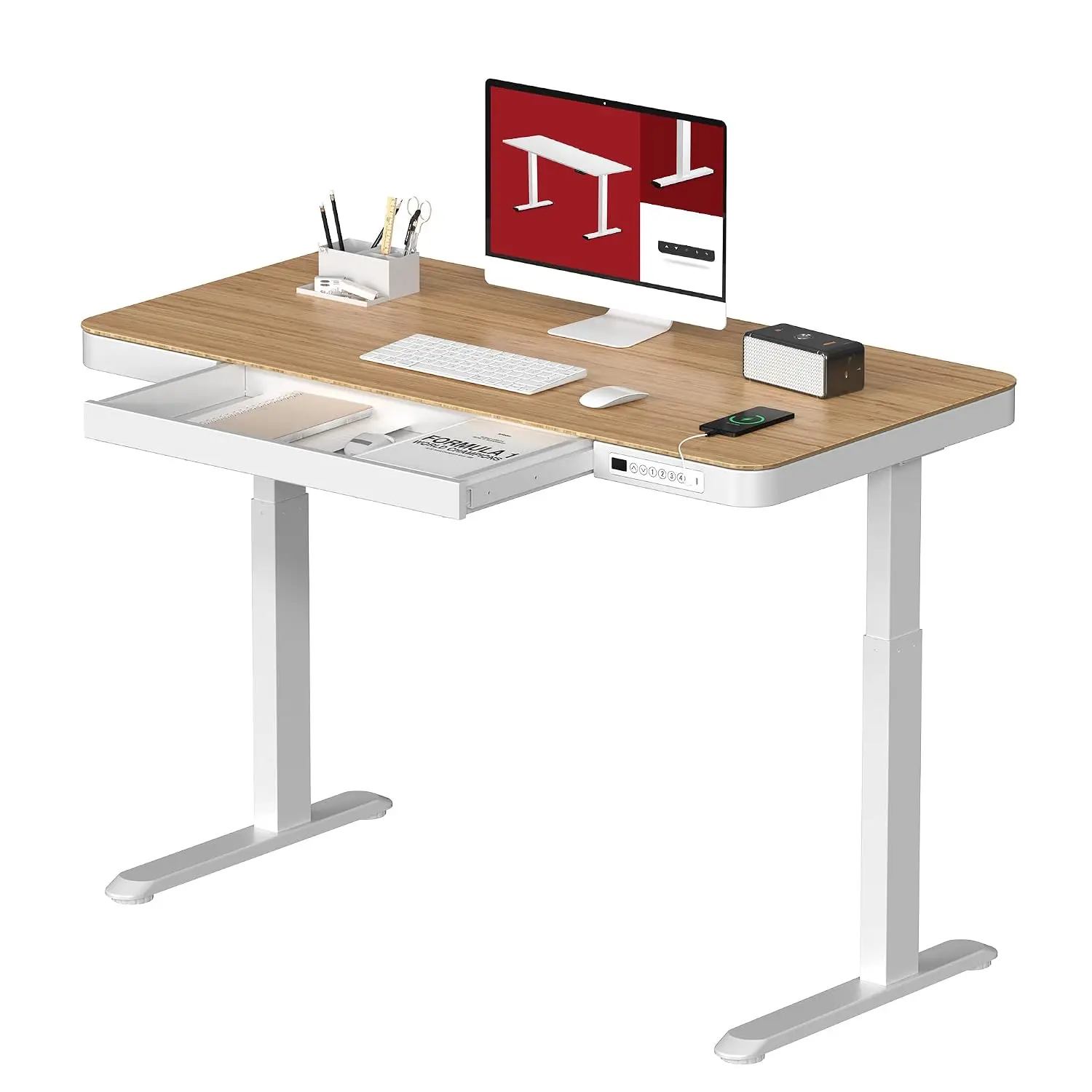 Electric Height Adjustable Standing Desk with Drawer Storage USB Ports 48 inch Bamboo Texture White Frame, Customized