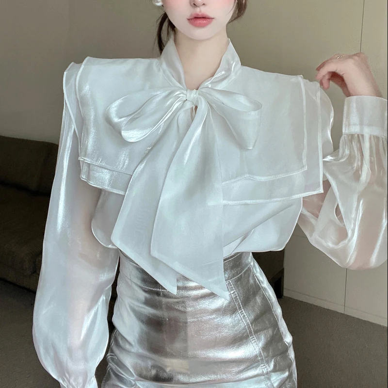 Fashion Bright Tuxedo Shirts Women New Elegant Long Sleeve Bandage Bow Double Peter Pan Collar Blouses and Tops Mujer