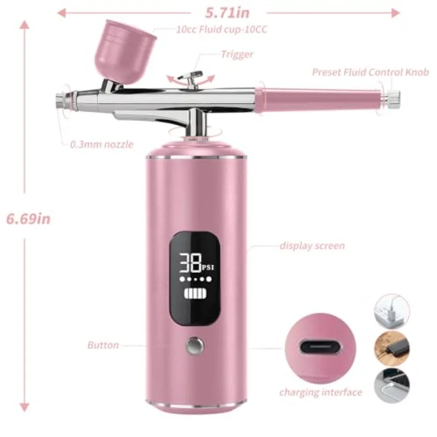 Cordless Rechargeable Airbrush Kit with 0.3mm Nozzle and Cleaning Brush 3 HighPressure Modes Handheld Spray Machine for Precisi