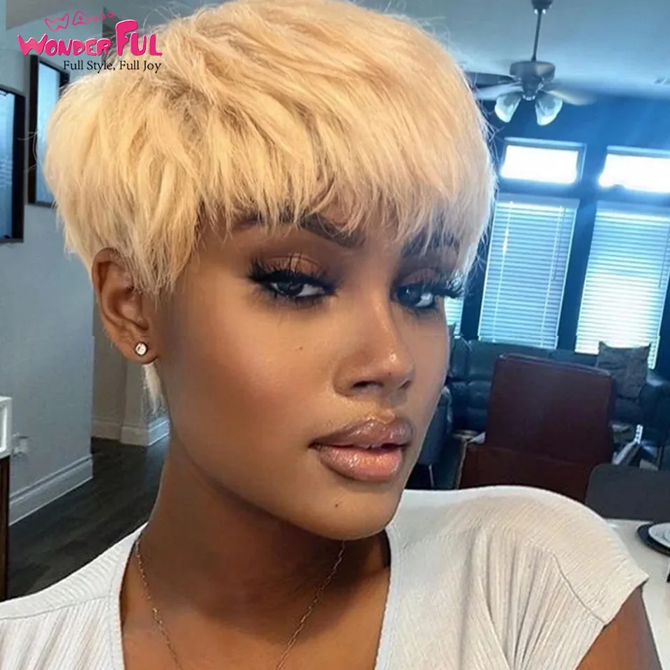 Short Blonde Pixie Cut Human Hair Wigs For Women Straight Colored 613 Pixie Wigs With Bangs Glueless Black Human Hair Non Lace