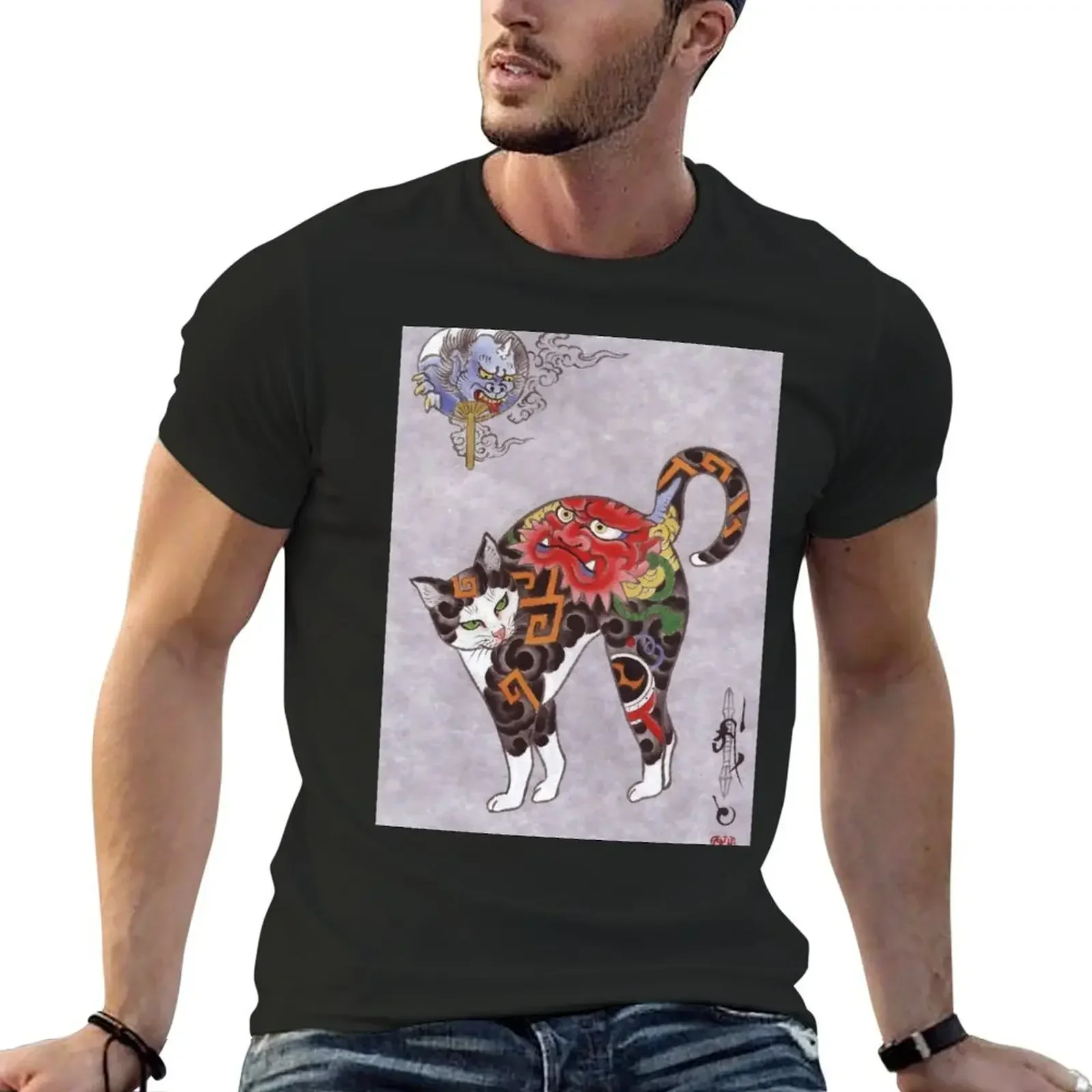 Ukiyo e Cat Rose Tattoo T-Shirt shirts graphic street wear plus size men clothing