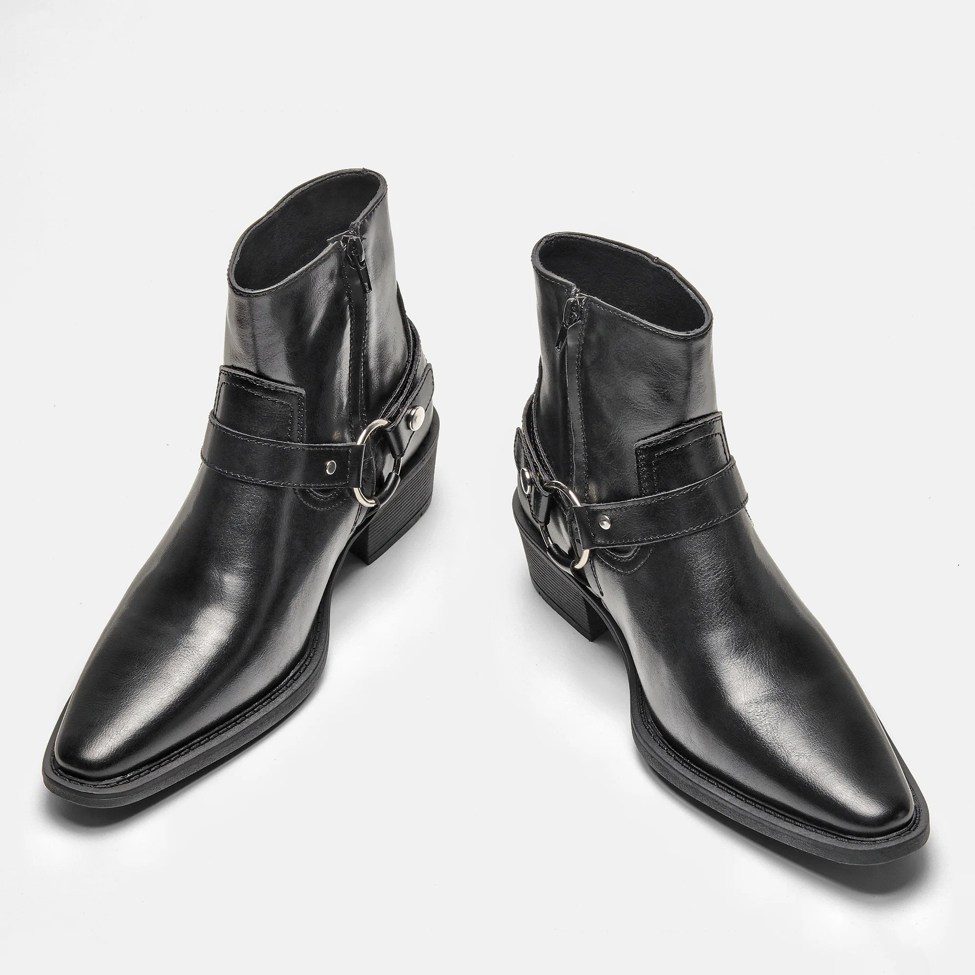 Chelsea-Stiefel für Herren, schwarze Schnallen-Knöchelstiefel mit seitlichem Reißverschluss, spitze Zehenpartie, Blockabsatz – Detail 9