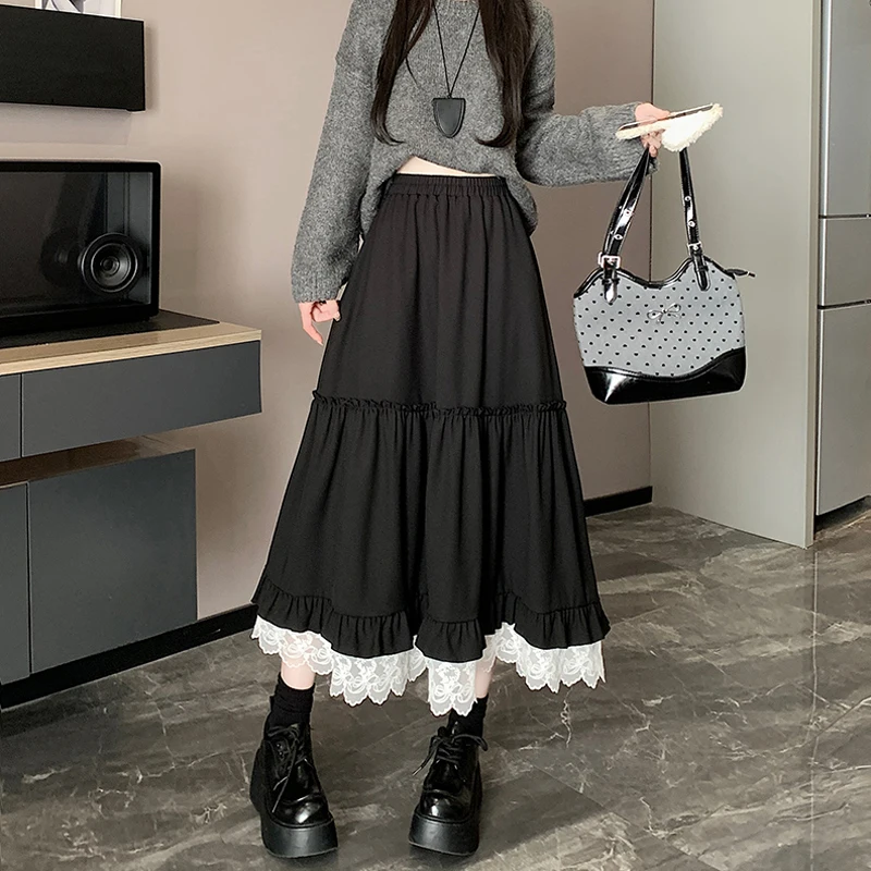 

Lace Spliced Midi Skirts for Women High Waist Kawaii Sweet A-line Cake Skirt Vintage Fashion Clothing Spring Autumn
