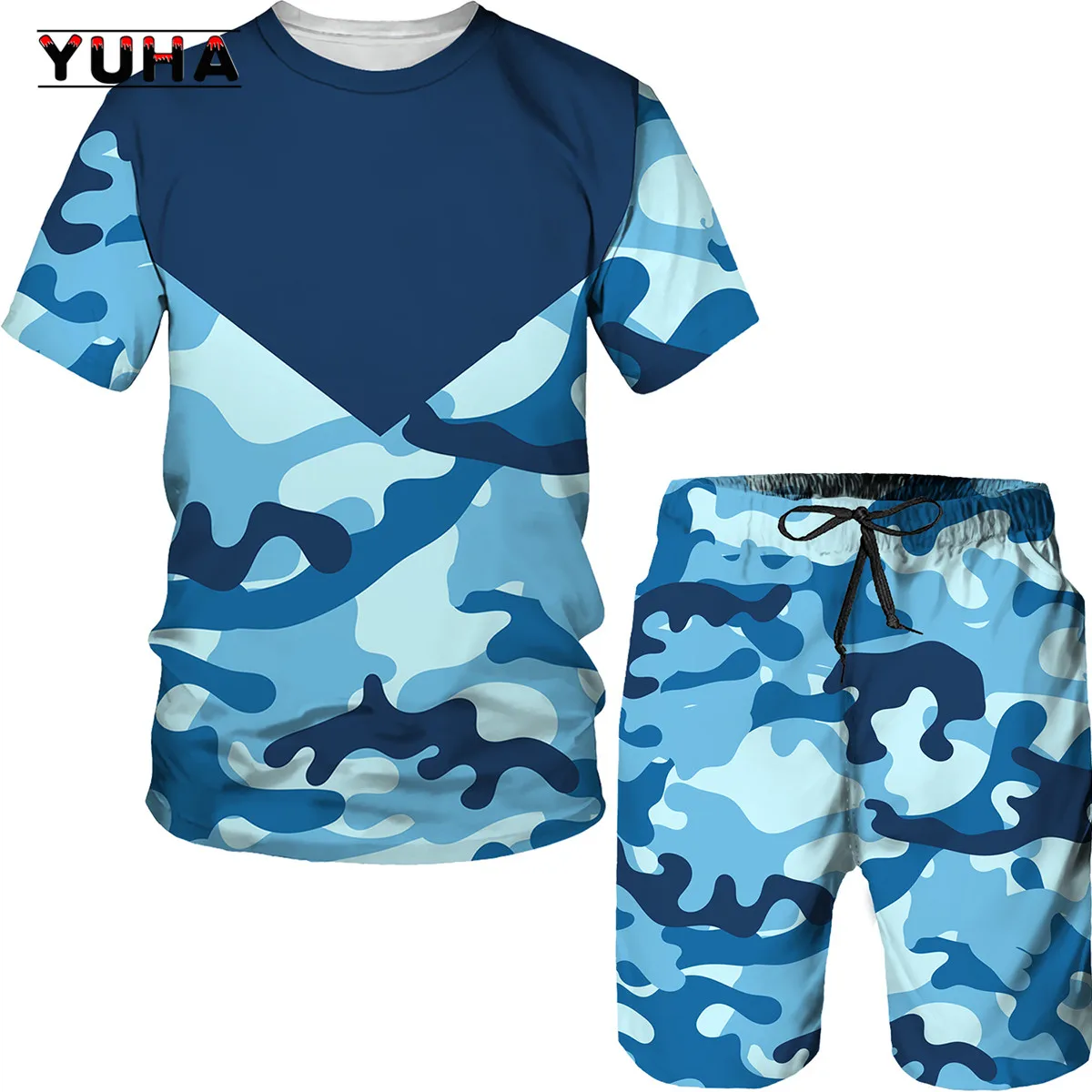 

YUHA 2022 3D Suit New Summer Men's Camouflage T-Suit Short-Sleeved Street Style Sportswear T-shirt Shorts Casual Loose Fit For M