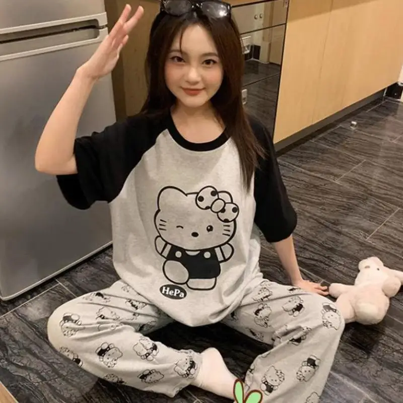

Hello Kitty, осенние штаны из полиэстера с короткими рукавами, комплект из двух предметов, женские пижамы, шелковые пижамы, женские повседневные свободные комплекты домашней одежды