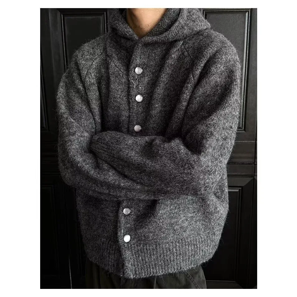 

Мужской вязаный свитер/куртка из шерстяной смеси больших размеров на осень-зиму, на пуговицах, повседневный, свободного кроя, с капюшоном, модный стиль
