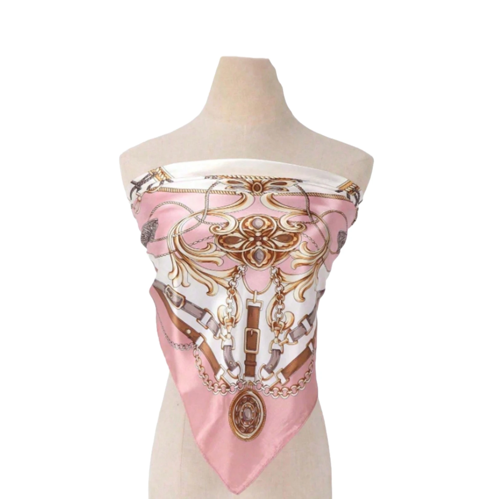 وشاح حريري وردي، غلاف للشعر بنمط سلسلة عتيقة، وشاح رأس أنيق من الساتان، وشاح شعر مربع كبير للنساء، شعر أنيق #5