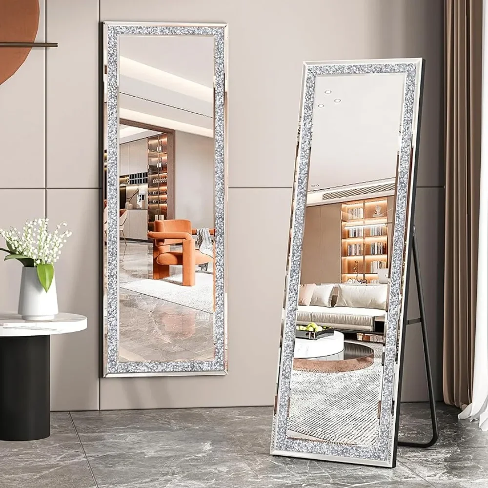 Crystal Full Length Floor Mirror- Crushed Diamond Full Body Mirror Silver Long Standing Mirror For Bedroom Living Room Bathroom