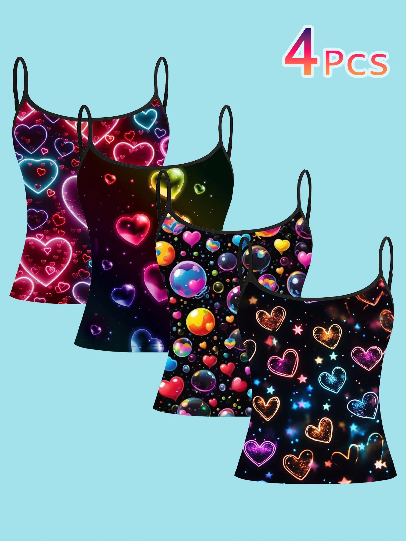 Women's 4-Piece Printed Camisole Set, Pink Neon Multi-Layered Hearts, Gradient Transparent Glowing Hearts, Colorful Bubble Hearts, Glitter Starlight Heart Patterns, Slim-Fit Sleeveless Tops for Outerwear