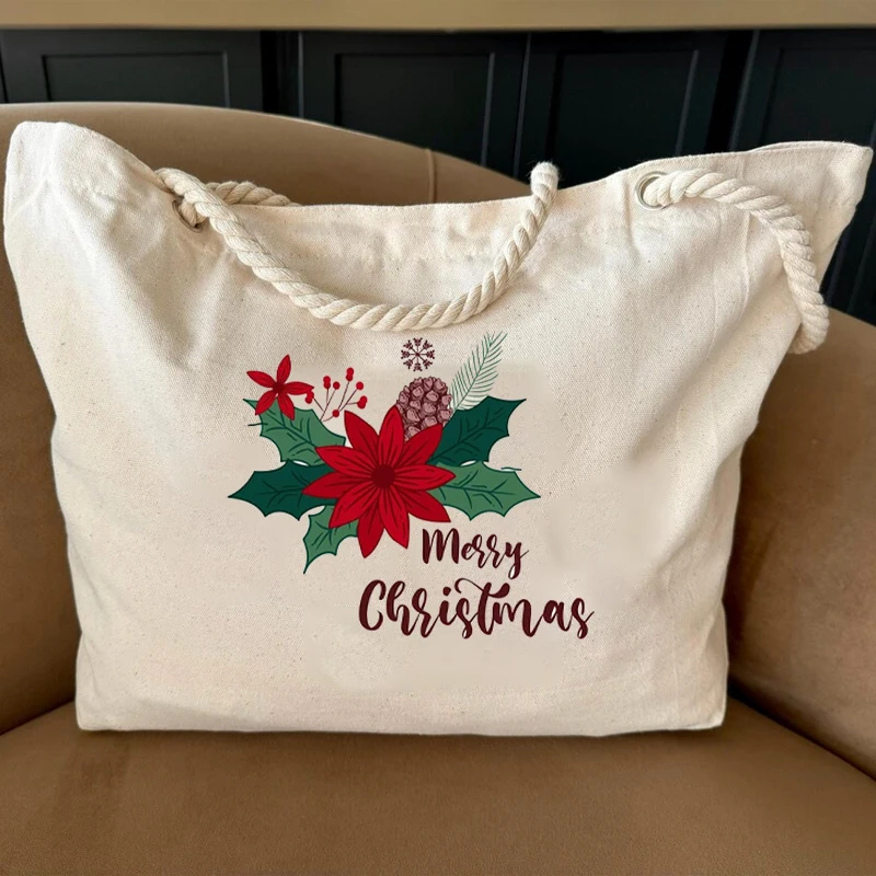 

Flower Merry Christmas White Canvas Tote Bag Festival Party Decoration Accessories New Year Party Supplies Reusable Holiday Gift