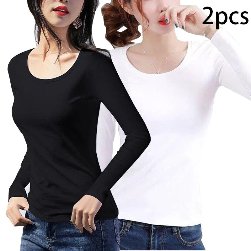 2pcs Women Autumn Thin Long-sleeved T-shirt Lady Thermal Underwear Slim Fit Fashion New Style Round-neck Top Black White S-5XL