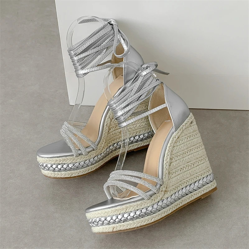 Eilyken Gold Silver Crystal Platform Wedges Sandals Female Summer Fashion Ankle Lace-up Ultra High Heels Gladiator Woman Shoes