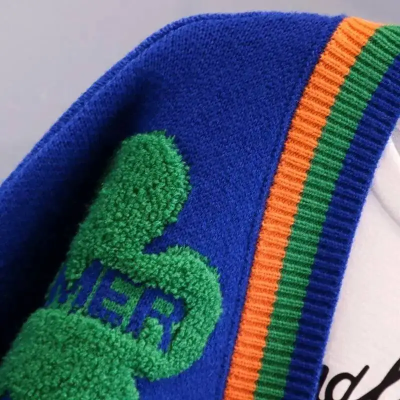 الأزرق الاكريليك متماسكة الخامس الرقبة رسالة زهرة عارضة المرأة سترة واحدة الصدر سترة للنساء الملابس الشتاء سميكة #5