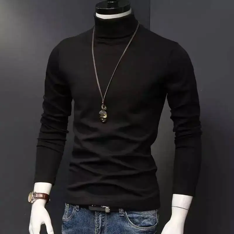

Korean Thin Half High Collar Base Shirt Men's Solid Casual Versatile Fashion Temperament Simple Patchwork Daily Long Sleeved Top