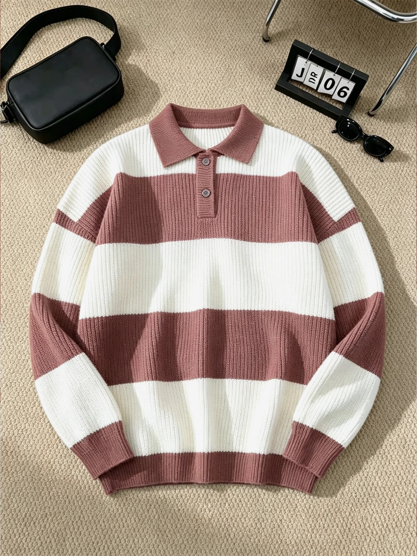 Men Striped Polo Collar Knit Sweater Long Sleeve Button Pullover Retro Contrast Color Loose Casual Autumn Winter Knitwear Tops