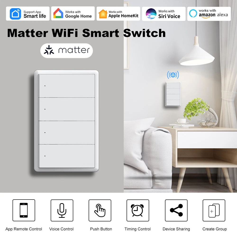 

MANHOT Matter WiFi Smart Light Switch 1-4 Gang Push Button Neutral/No Neutral Wire for Tuya HomeKit Siri Alexa Google Home