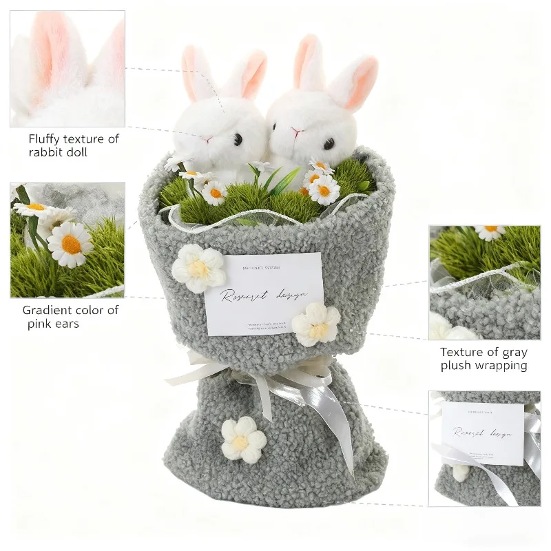 

Plush Bunny Bouquet with Two White Rabbit Plush Toys Artificial Grass & Handmade Flower Details Cute Gift for Easter & Occasions