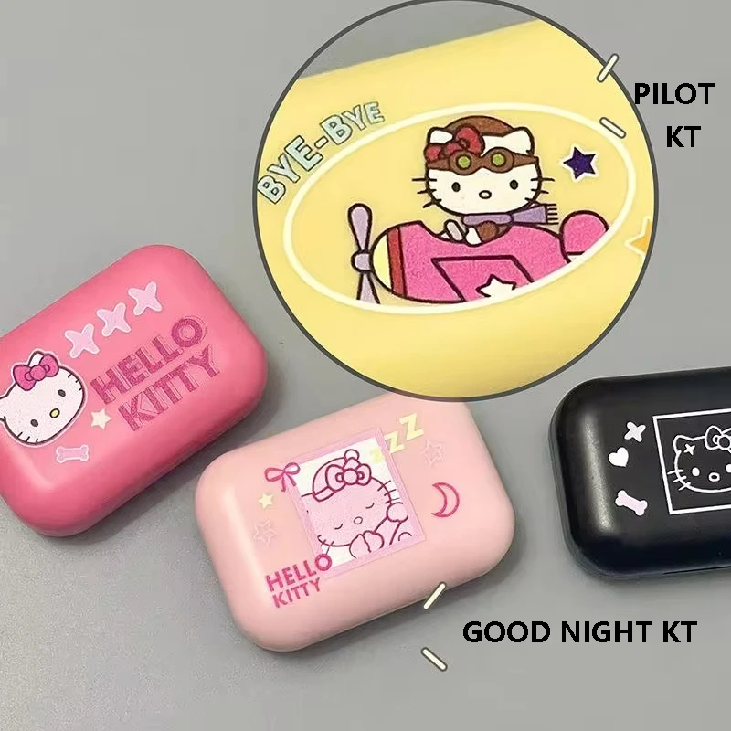 Hello Kitty Lens Case para Meninas, Anime Sanrio, Espelho Portátil, Lentes De Contato, Viagem, Presente De Aniversário, Desenhos Animados Bonitos