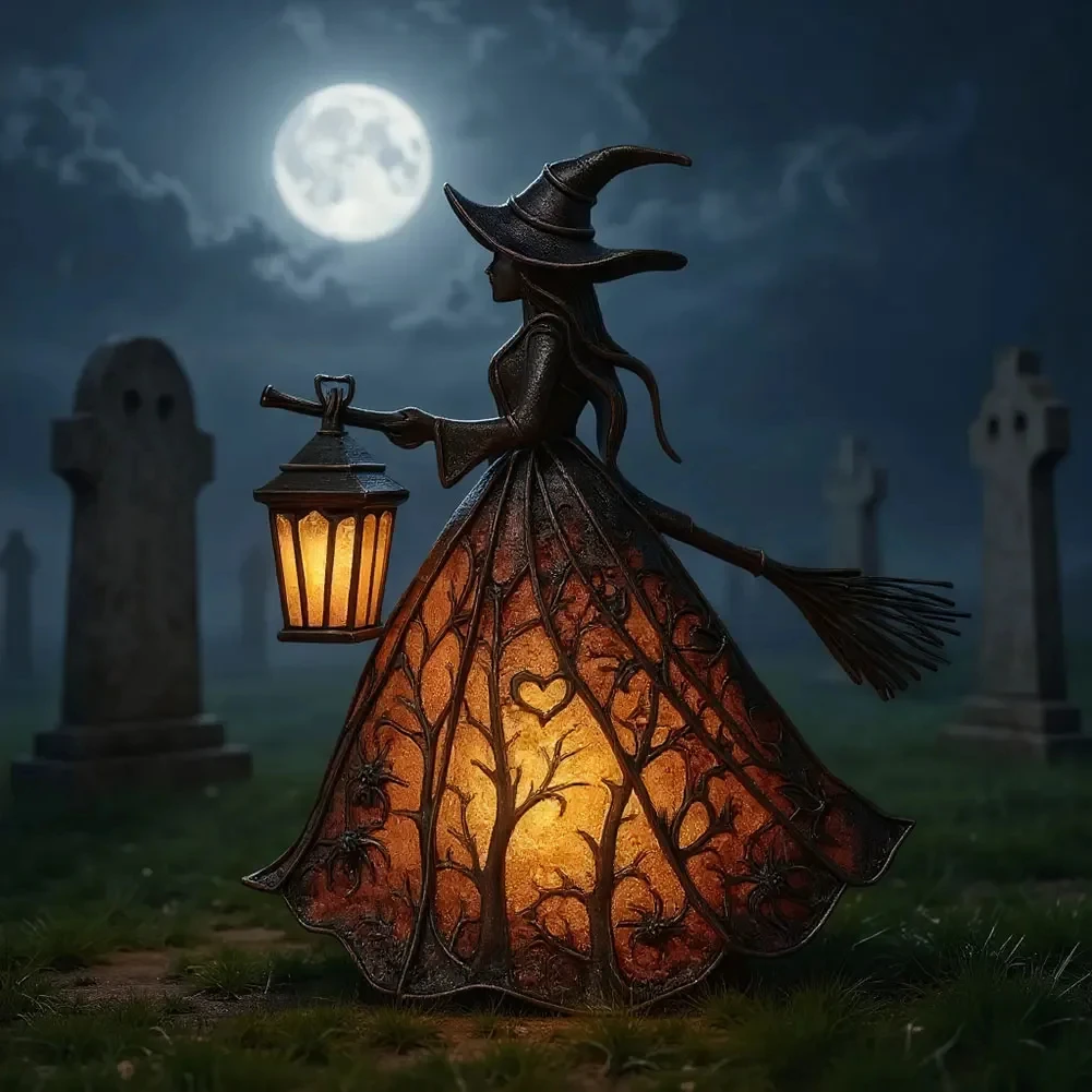 

Halloween Witch Lantern LED Night Light Resin Statue Gothic Home Decor with Broom for Spooky Party