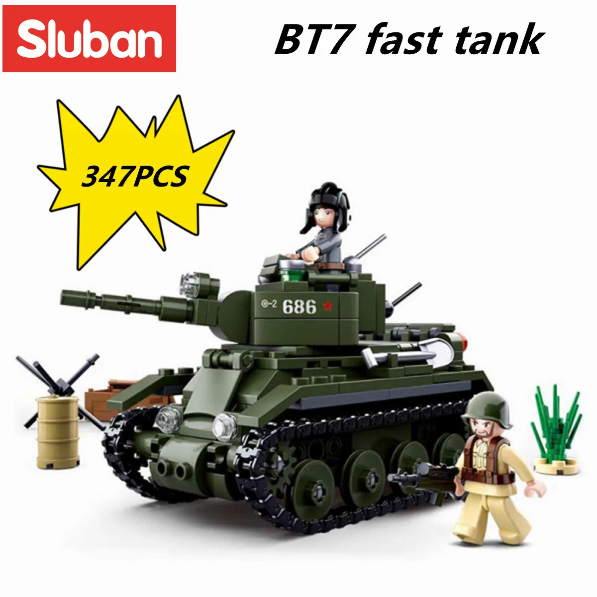 Sluban Building Block Toys WW2 Army BT7 Fast Tank 347PCS Bricks B0686 Military Construction Compatbile With Leading Brands