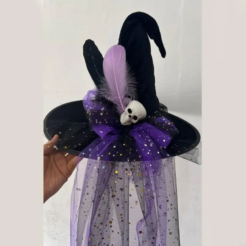 

195E Witch Hat for Halloween Sequins Skull Veil Tulle Masquerade Cosplay Costume