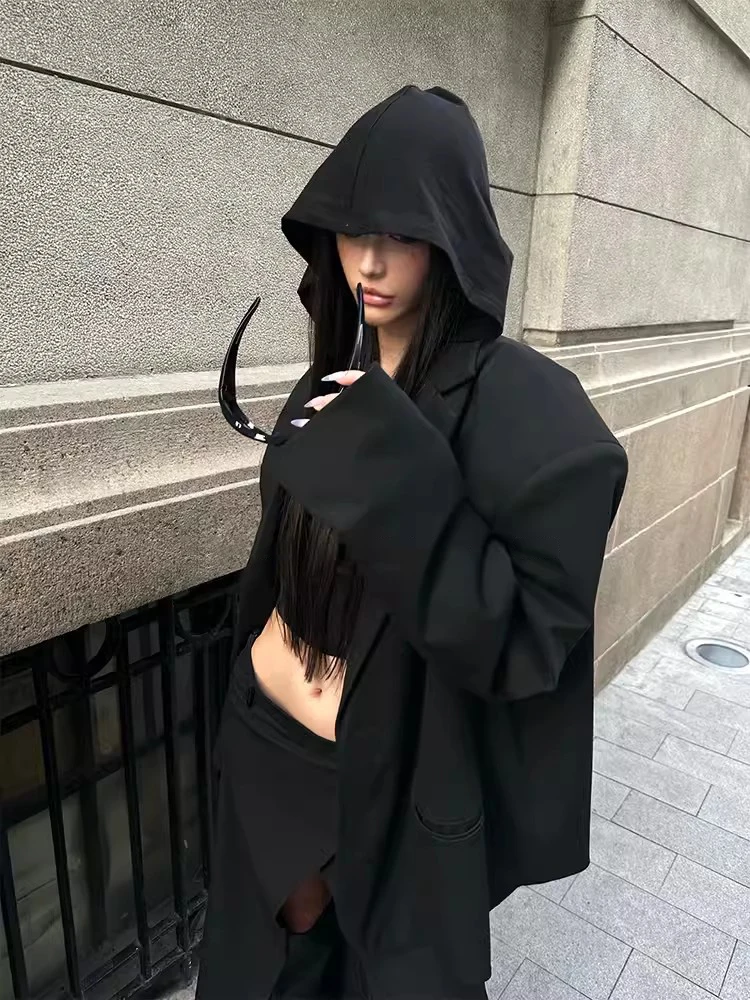 RORORIRI Gothic Witch Hooded Crop Top Women Modal Solid Black Casual Draped Collar Long Sleeves T-Shirt Dark Punk Streetwear