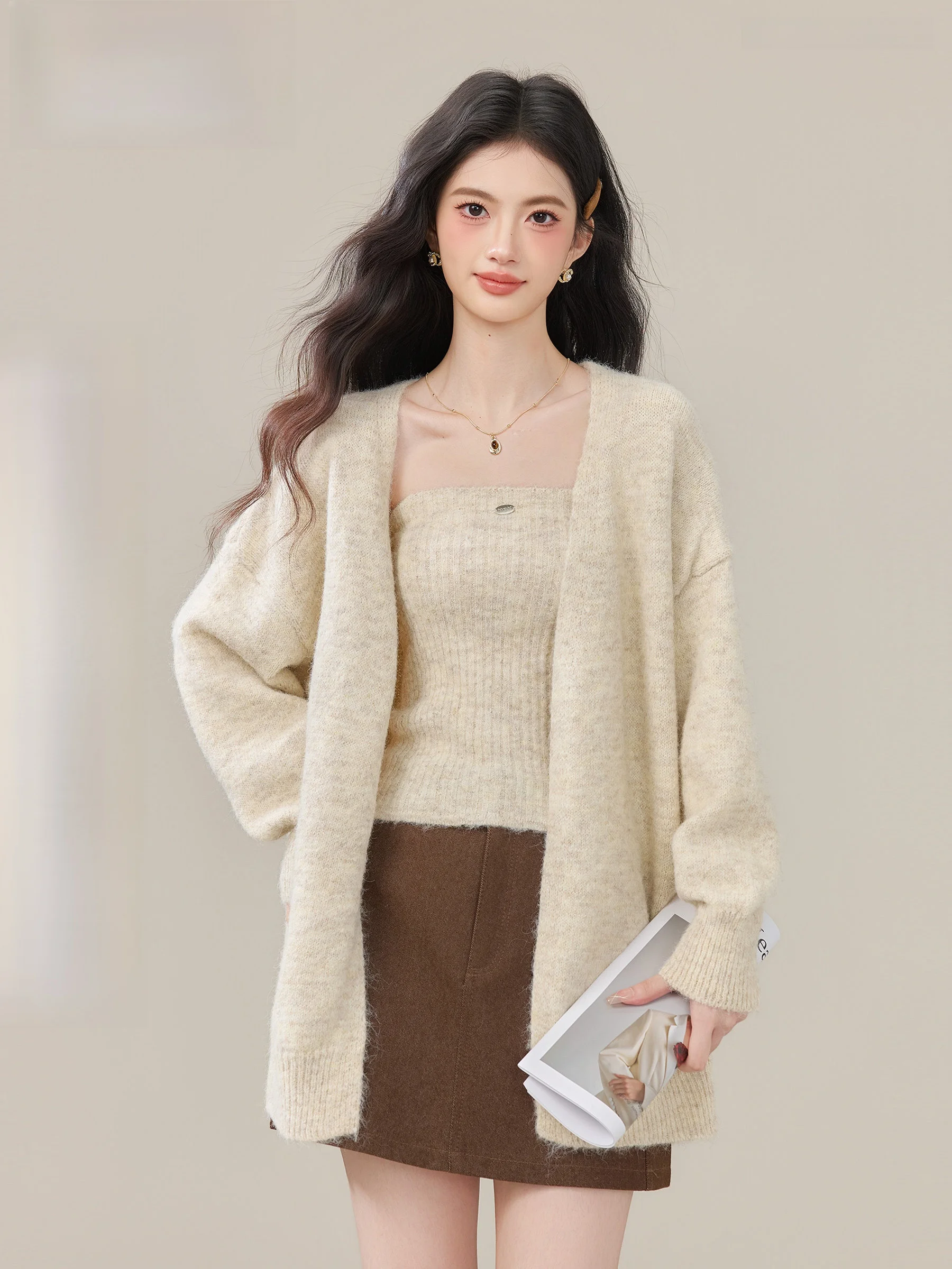

Женский вязаный кардиган Lingjiu Oolong Snow Lazy Sle, удлиненный (ниже колена), средней длины, с длинными рукавами, для дома, Зима 2025