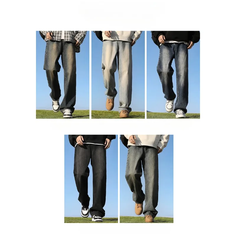 

American Wash Color Jeans Men Spring and Autumn Loose Straight Pants Fashion Brand High Street Wide Leg Casual Pants