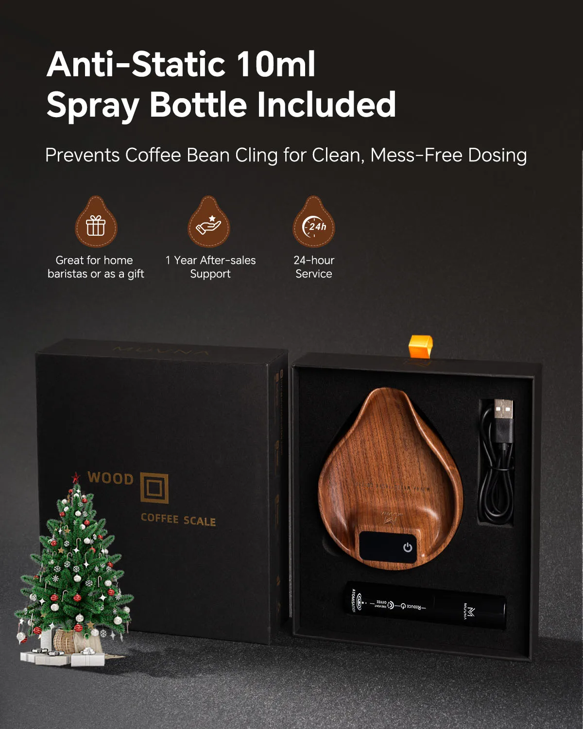 Muvna مقياس القهوة الخشبي، ميزان الطعام القابل لإعادة الشحن 0.1 جرام مقياس الفول الرقمي الخشبي الدقيق مع مقياس صينية باريستا لزجاجة الرش #4
