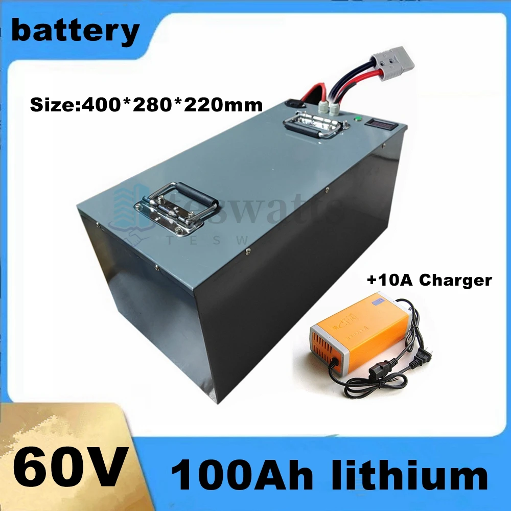 Metal case 60v 100Ah Lithium battery li-ion High power 5000w for RV boat motor solar wind energy UPS + 10A charger