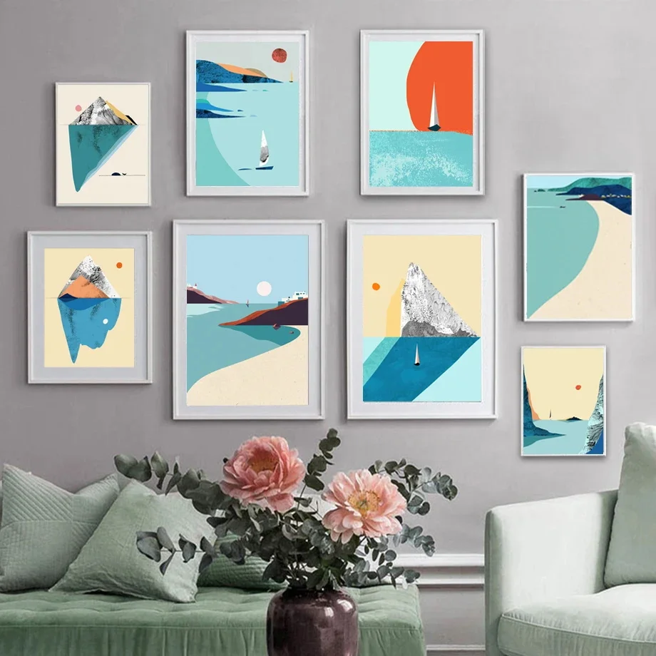 

Abstract Sea Beach Canvas Painting, Sailboat, Sun Mountain Wall Art, Nordic Posters and Prints, Pictures for Living Room Decor