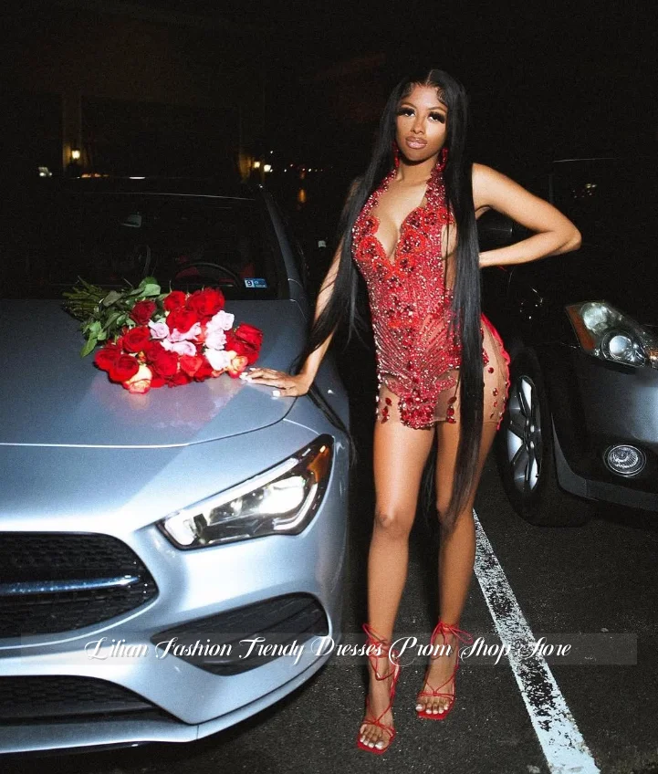 

Customized Burgundy Glamorous Sexy Cocktail Dress Luxurious Crystal Appliqué V Neck Mini Prom Dress Black Girl Birthday Dress