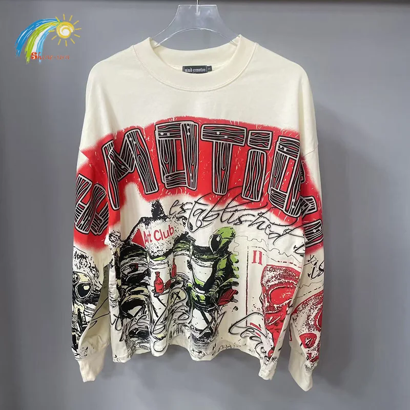 

High Street Full Graphics Print Classic Letters Logo Graffiti MIXED EMOTION Long-Sleeved T-Shirt Men Women Oversized Apricot Top