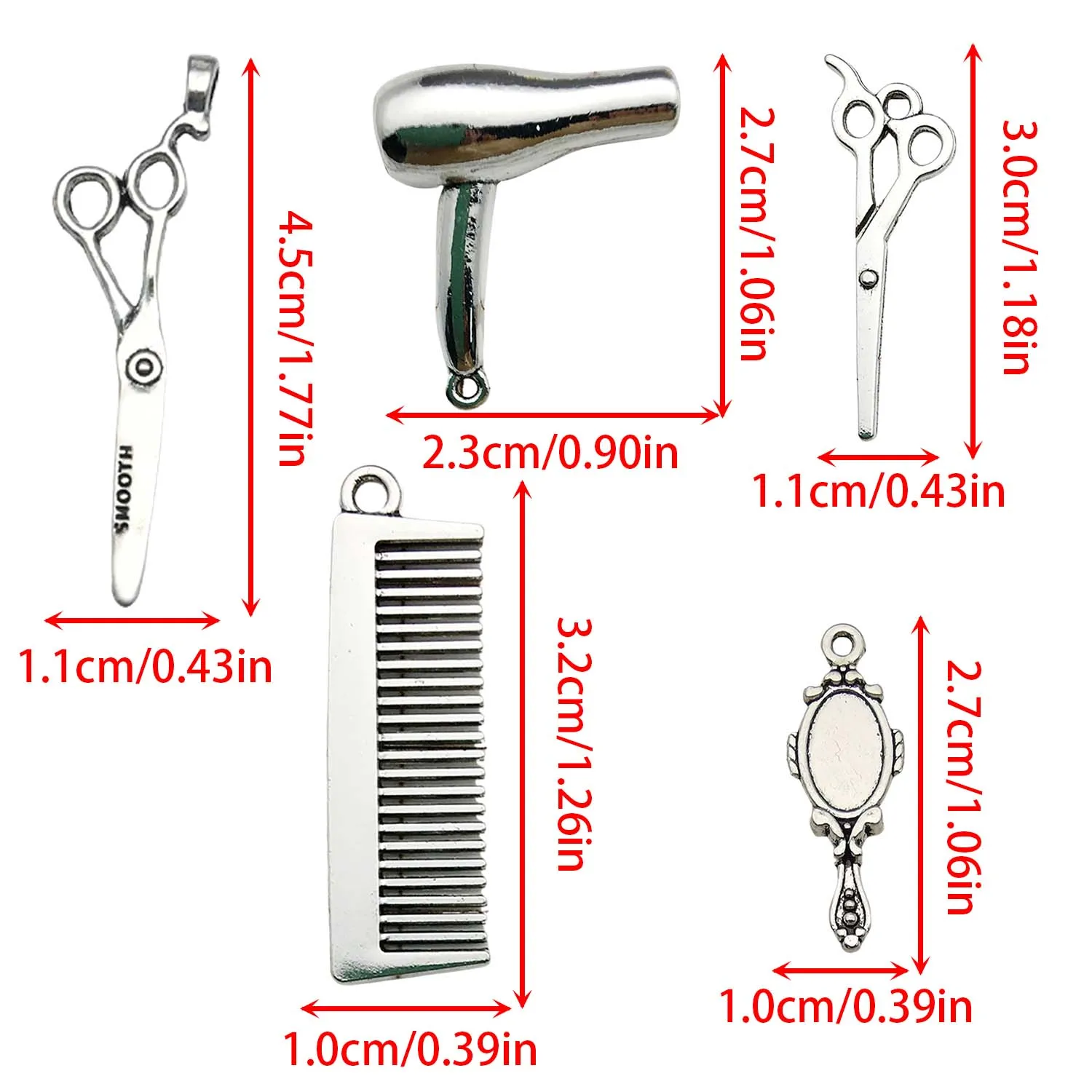 10pcs Antique Silvery Hair Dryer Comb Makeup Mirror Scissors Design Charms Alloy Pendants for DIY Jewelry Making Accessories