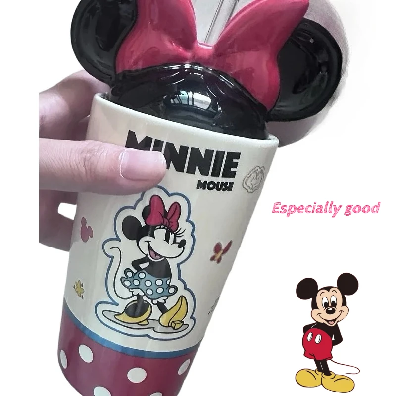 Taza de paja con tapa de cerámica con dibujos animados de Mickey de Disney, creativa para hombres y mujeres, parejas, taza de café para el hogar y la Oficina, regalo