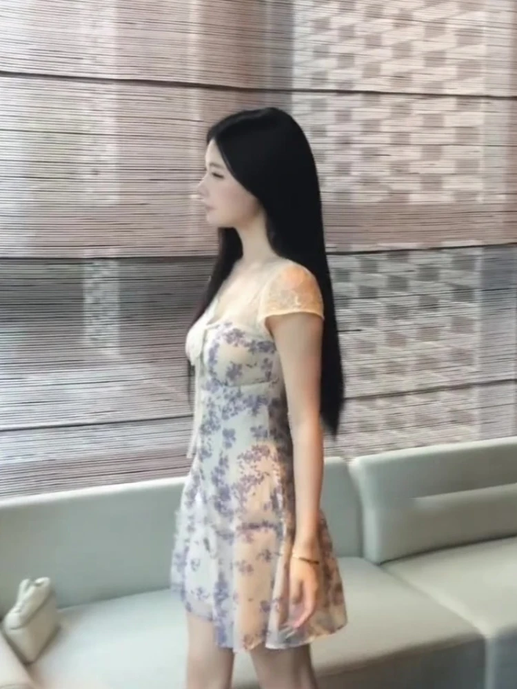 Vaion Sle 플로럴 프린트 V-넥 끈으로 묶는 허리 오트 드 여성 여름 2025 슬리밍 A라인 스커트 싱글 피스