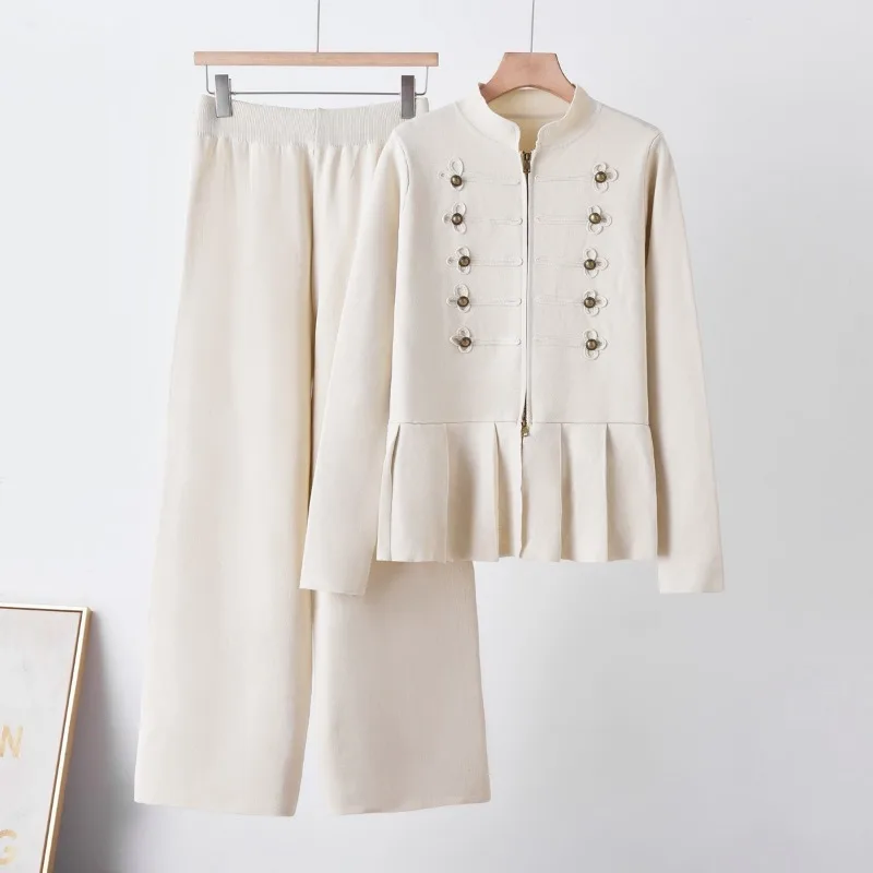 Spring  Autumn Fashion New Knitted Women's Suits. Loose-fitting Trousers with A Retro Pleated Hem Stand-up Collar Knitted Top.