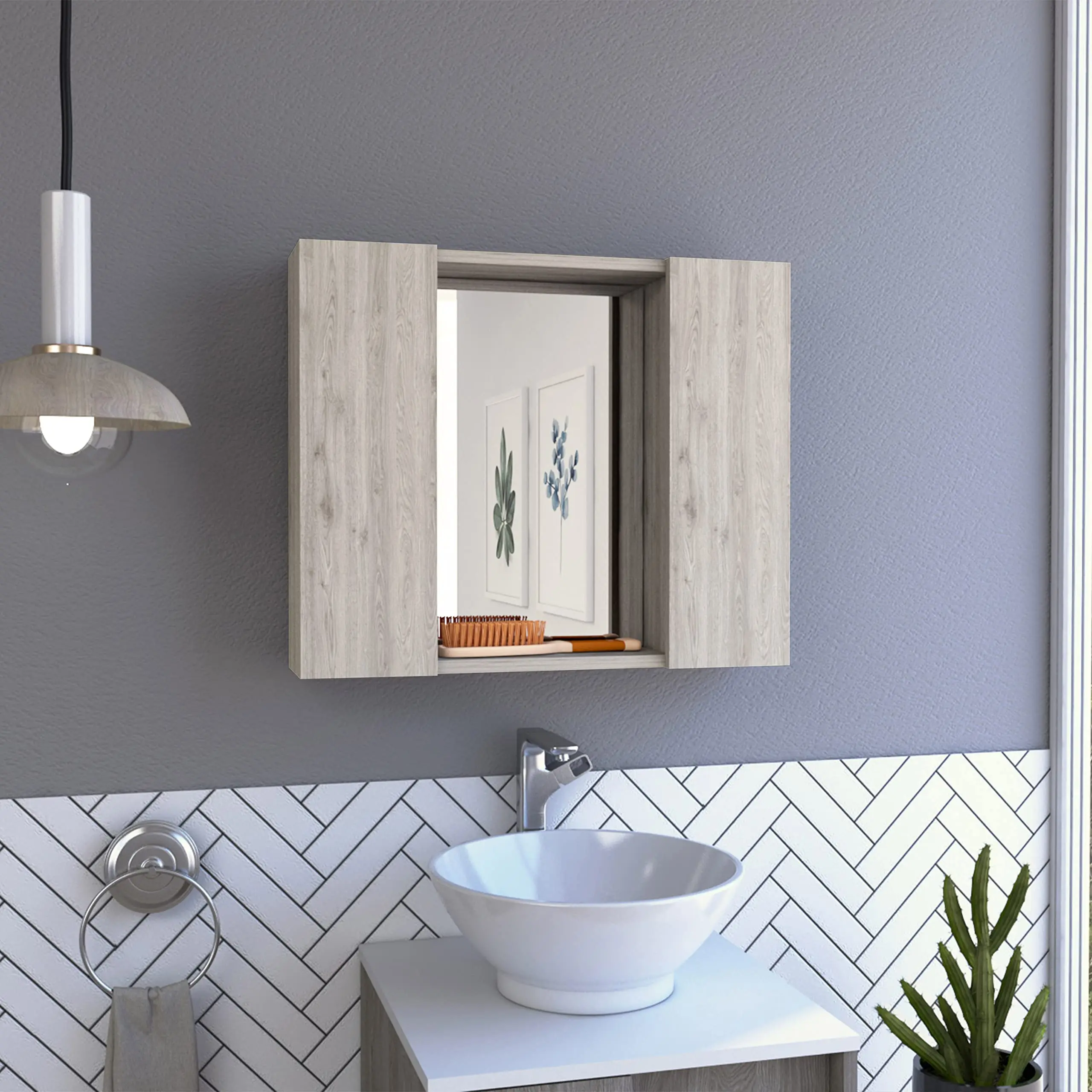 Medicine Cabinet, Double Door, Mirror, One External Shelf -Light Gray