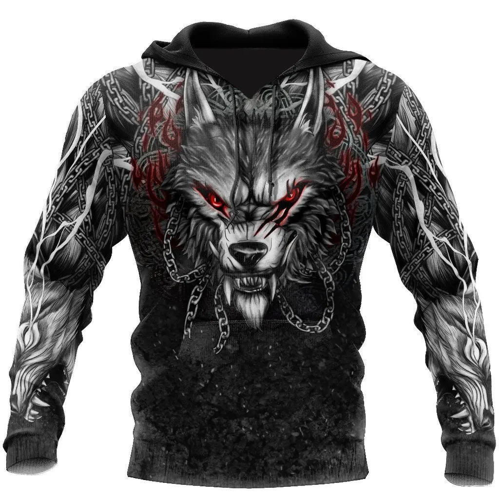 Oversized Tattoo Skeleton Cross Terror Red 3D Printed Men\'s Hoodie Sweatshirt Casual Tracksuits Raven Bad Wolf Animal Clothing