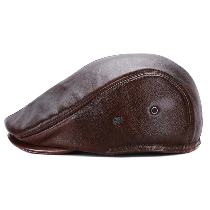 GEMVIE Classic PU Leather Winter Flat Caps for Men Thick Warm Ivy Male Solid Driving Cap