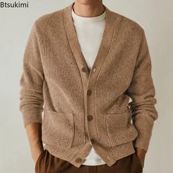 New 2024 Autumn Winter Men's Knitted Sweaters Warm Coats Mens Streetwear Single Breasted Top V-neck Cardigan Brown Sweater Male