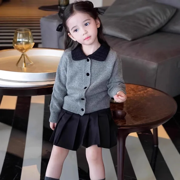 

Корейский студенческий вязаный кардиган для девочек, свитер на весну и осень, новинка 2024, детский стиль, топ с лацканами контрастного цвета