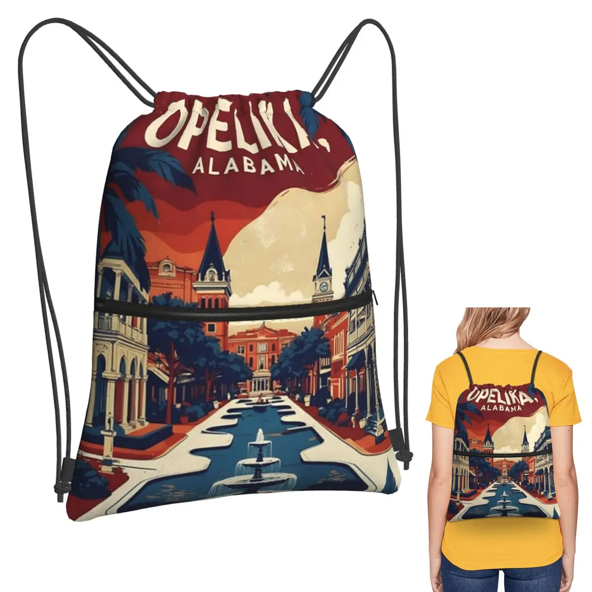 

Opelika Alabama 1950s USA Vintage Travel Tourism Backpacks Fashion Drawstring Bags Storage Bag Book Bags for Man Woman School