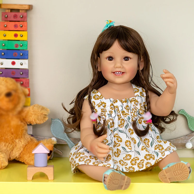 Lalka Reborn 55 cm, mała dziewczynka Cammi, uśmiechnięta, miękka silikonowa lalka dziecięca, malowana trójwymiarowo skóra z widocznymi żyłkami, zabawka do kąpieli dla dzieci.