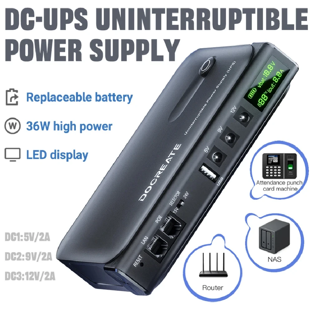 36W DC1036L Mini DC UPS Uninterruptible Power Supply 18650 Replaceable Battery Backup 5v 9v 12v  EU plug for Router Wifi Modem