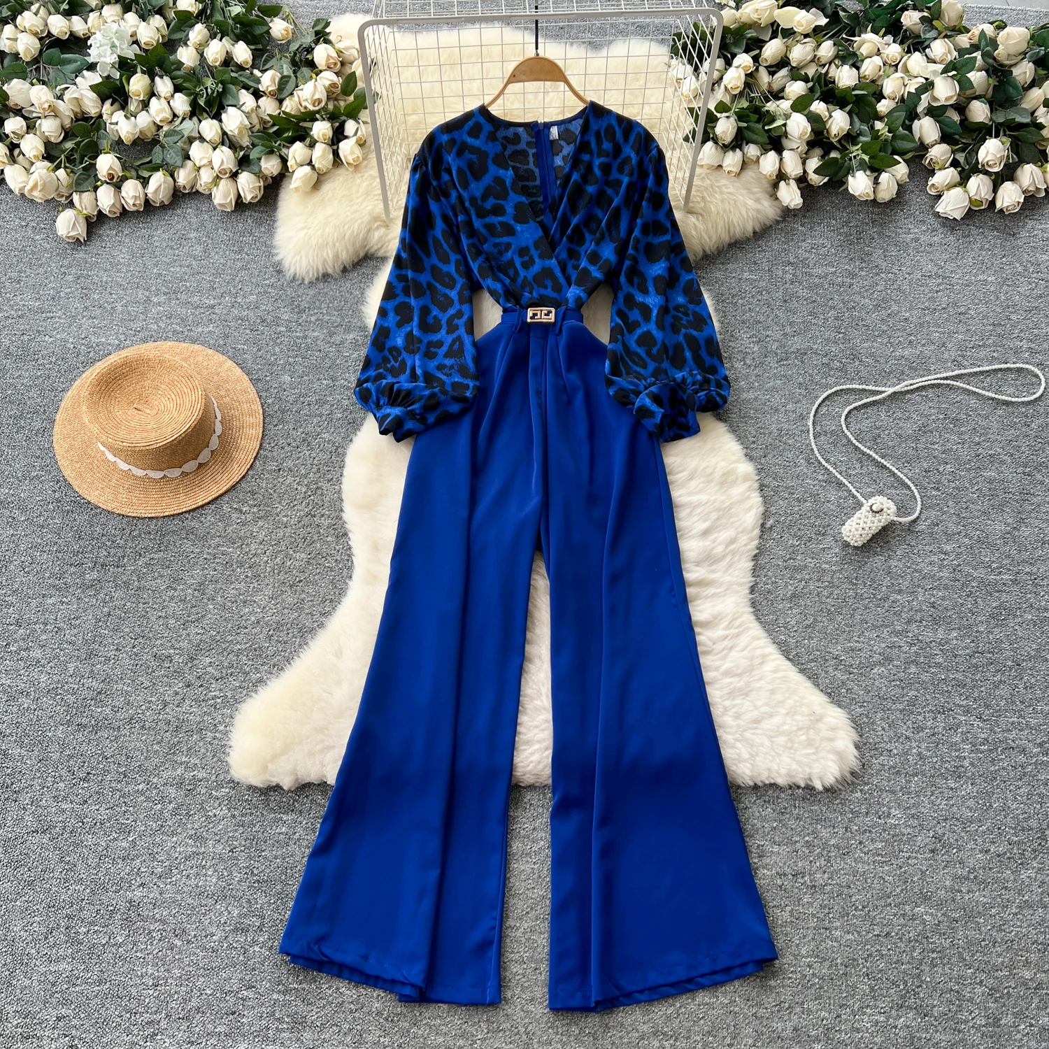 

Chic vintage V-neck leopard sashes Fairy loose Summer Beach Vacation Women Boho Sundress Jumpsuits
