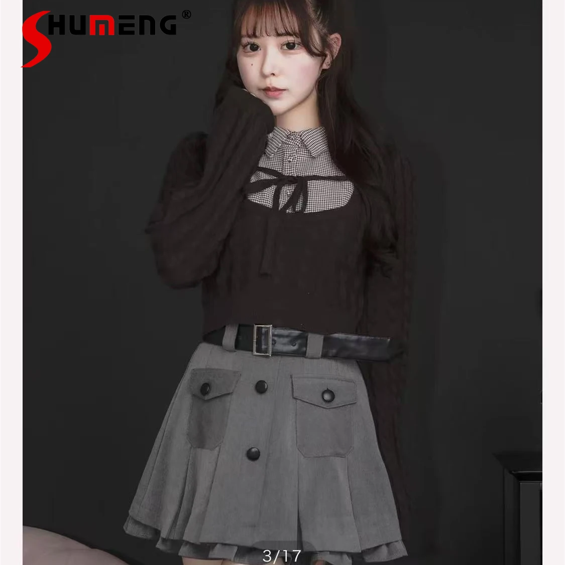 

Японский сладкий консервативный стиль с воротником-поло на шнуровке и бантом с длинным рукавом, милый универсальный короткий вязаный пуловер для женщин