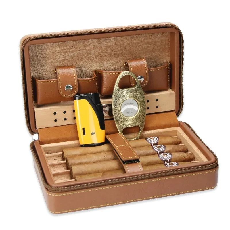 

Коричневые коробки для сигар (вмещает 4 шт.), черный кожаный держатель для сигар, инструмент для курения, подарок на день отца для него, портативная сигара