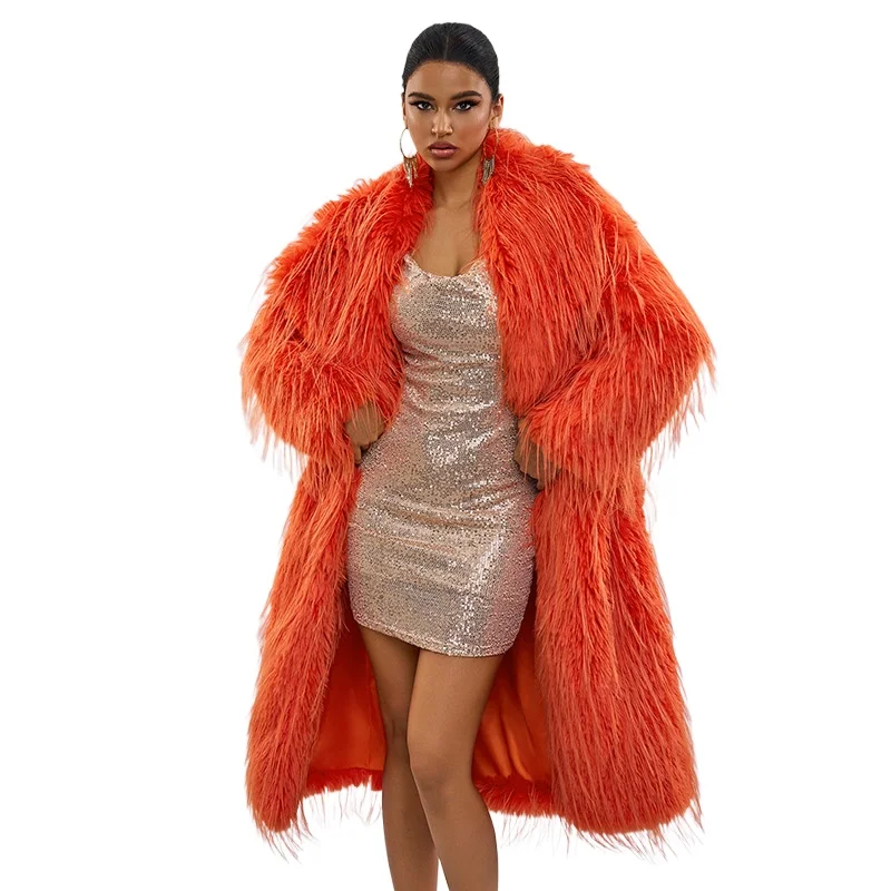 Manteau en fausse fourrure Orange pour femme, veste d'hiver à revers, manteaux moelleux, longs, en fourrure artificielle, à la mode, avec pompon, nouveaux vêtements d'extérieur, 2024